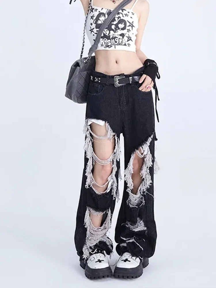 Jmprs High Street Women Ripped Jeans Y2K High Waist Hole Fashion Tassel Female Denim Pants Designed Spring Trousers