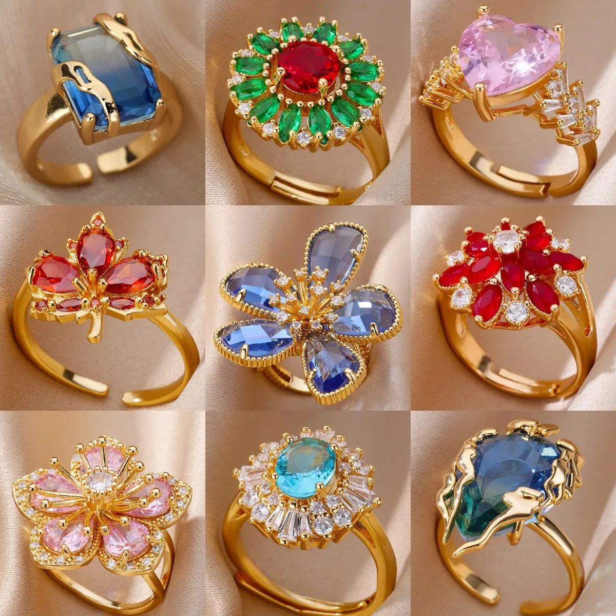 Luxury Stainless Steel Rings Gold Plated Colorful Stone Zircon Crystal Heart Ring For Women Wedding Boho Jewelry Christmas Gift