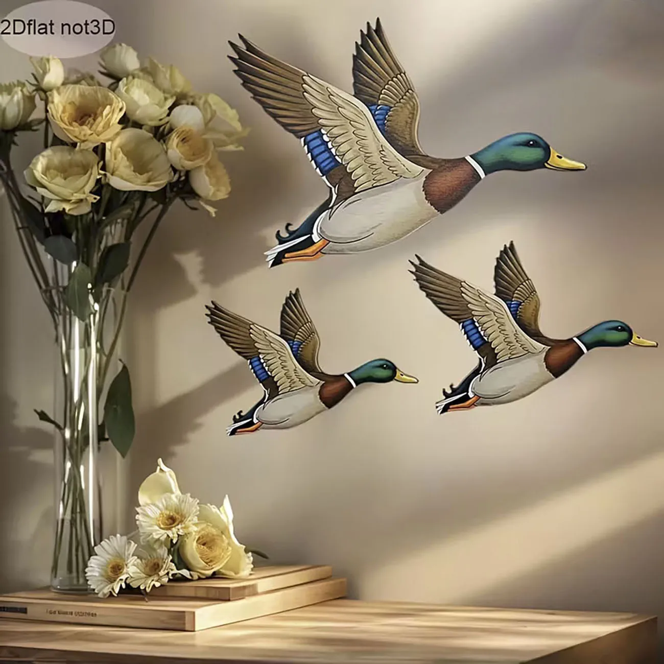 3Pcs Mallard Duck Wooden Wall Decor, Flying Duck Wall Art for Rustic Home Decoration，2D Wooden
