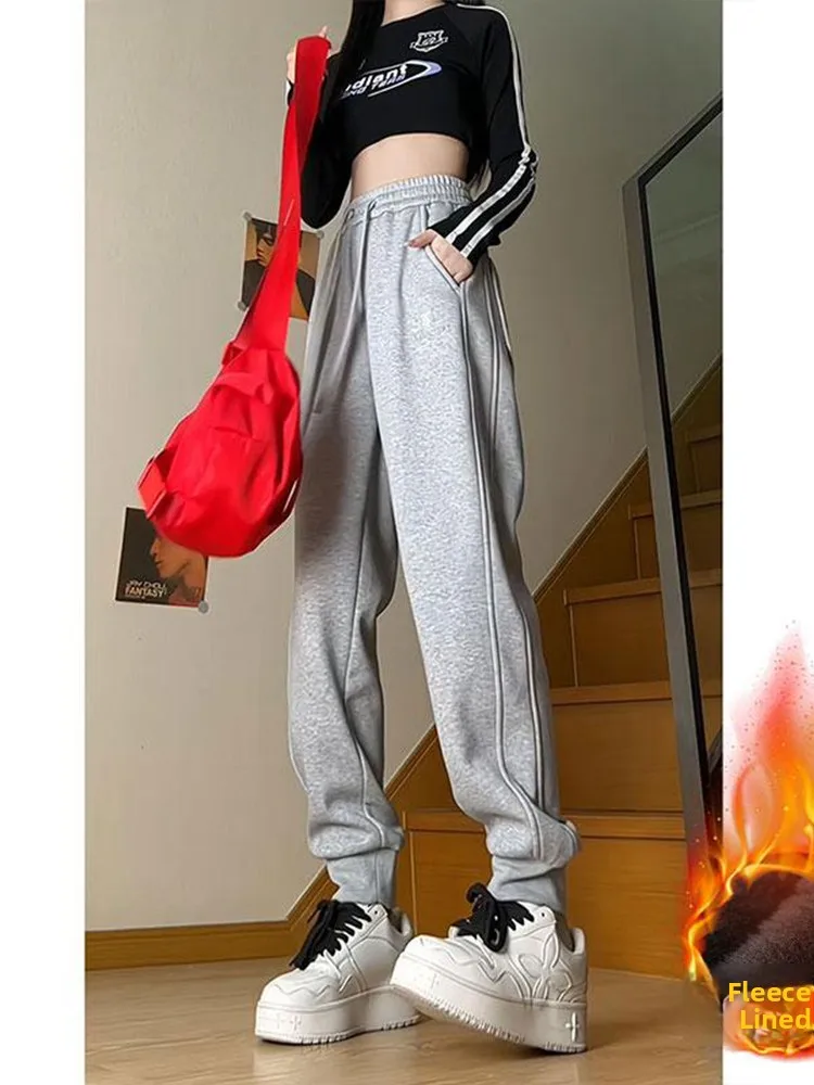 

ey Fce Lined Thiened Casual Sport Pants Men's Autumn Winter Harlan Cuffed Pants American Retro Patchwork Straight Leg