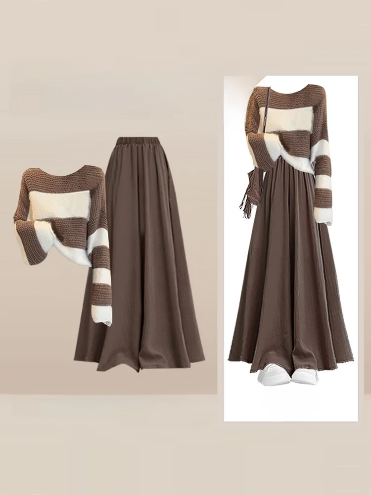 

Осенний сезон, цветной полосатый трикотаж, женский комплект с широкими брюками с высокой талией, винтажный повседневный модный наряд в стиле ретро