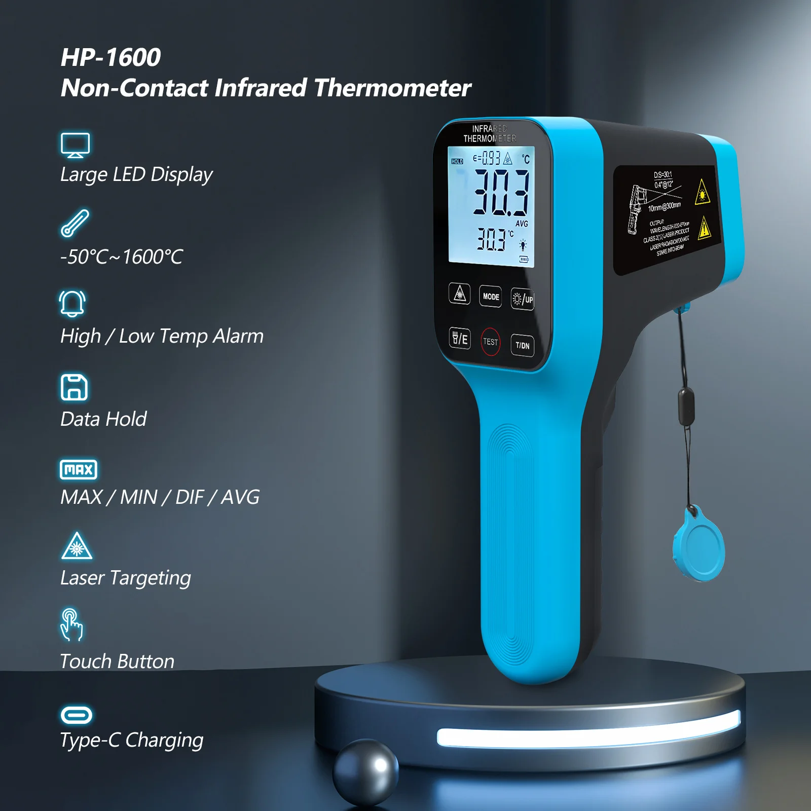 HOLDPEAK Pyrometer -58℉~2912℉ High Temp IR Thermometer Gun D:S=30:1 Dual Laser Industrial w/Touch Buttons, Rechargeable,HP-1600