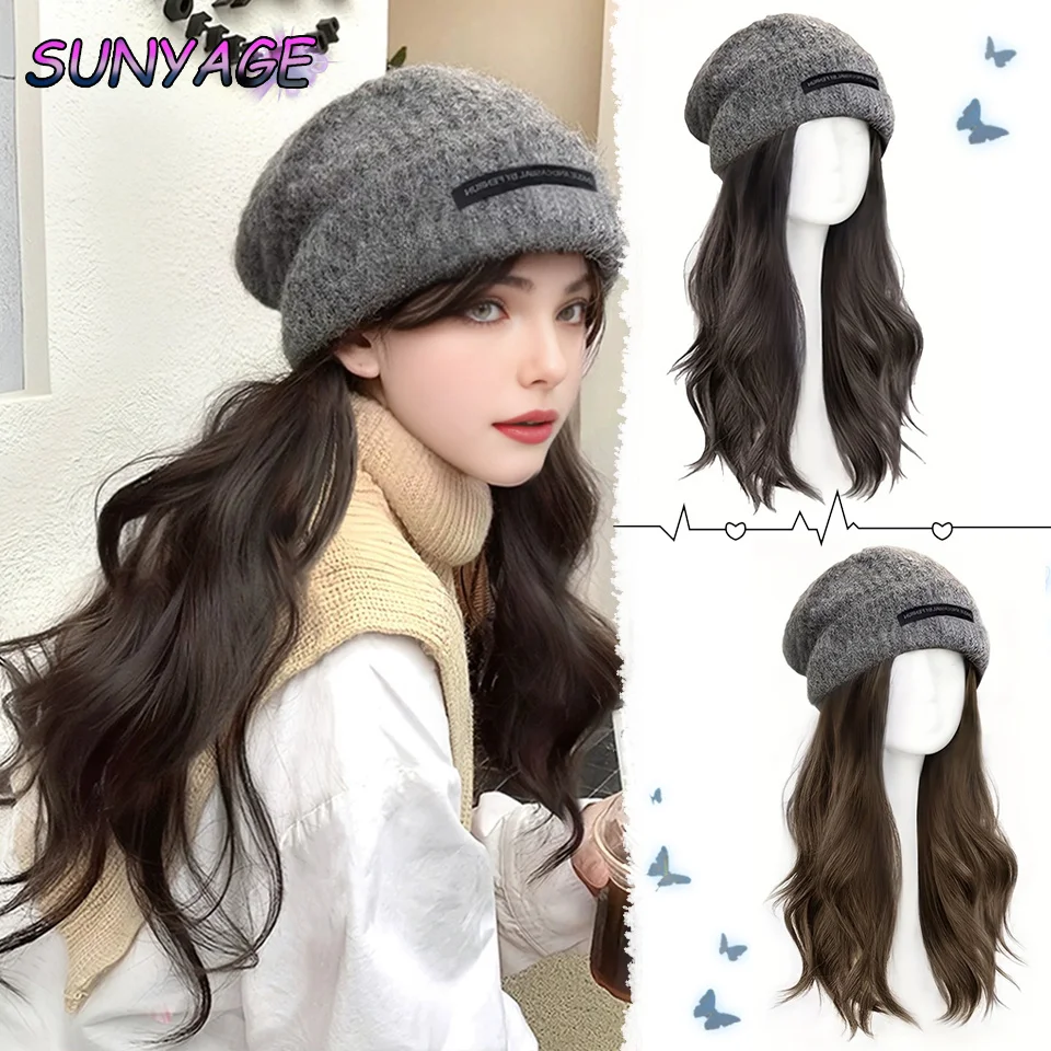 SUNYAGE Synthetic Wig Hat Wig Female One Korean Version Of Natural Long Curly Hair Knitted Hat Wig Micro-roll Full Head Cover In