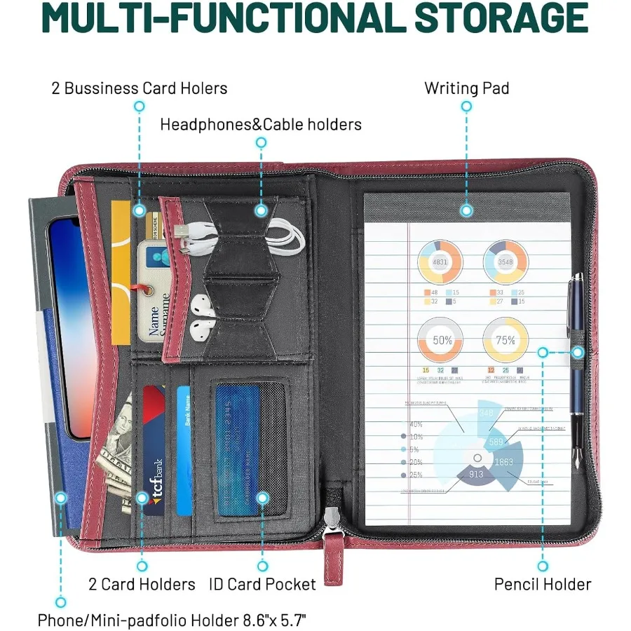 Portafoglio aziendale da donna in pelle rossa con cerniera con blocco note da 5,3 x 8 pollici e organizer compatto per appunti per lavoro o sch
