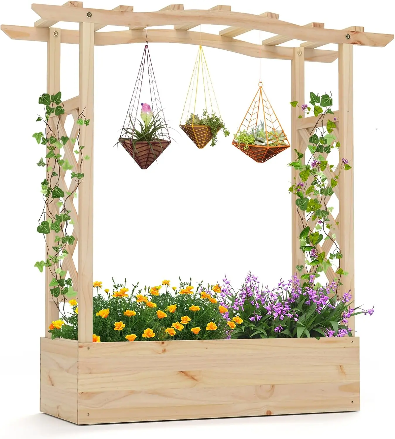 

Raised Garden Bed with Sided Trellis & Hanging Roof, Wood Planter Box, Freestanding Garden Planter Raised Bed