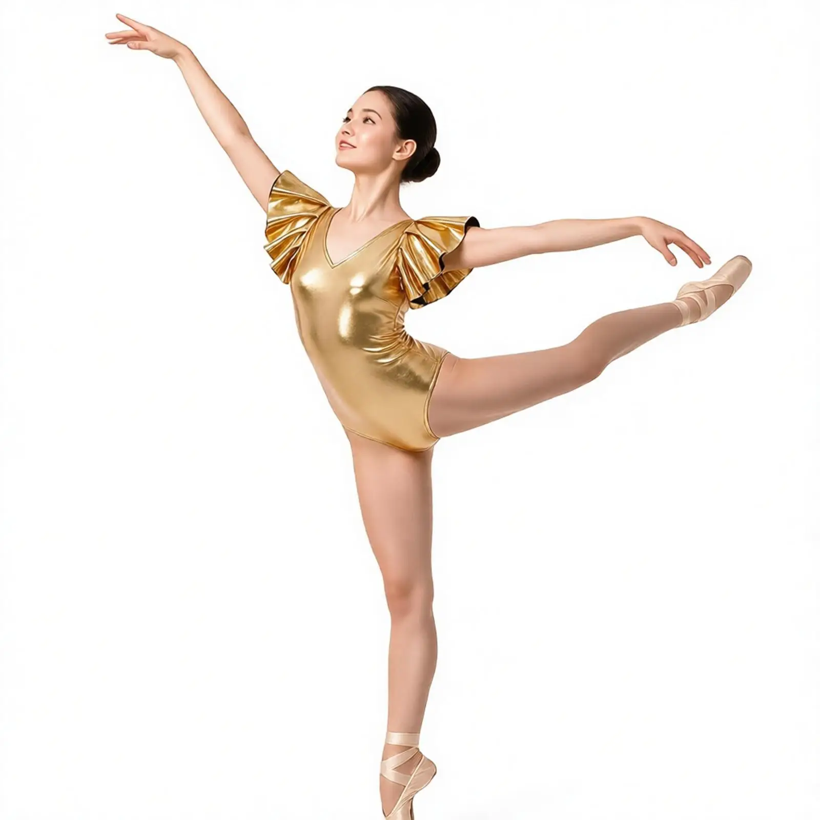 Women Shiny Glossy Clubwear Ruffled Sleeve V-neck Leotard Bodysuit Artistic Gymnastics Jumpsuit for Rave Party Pool Pole Dancing