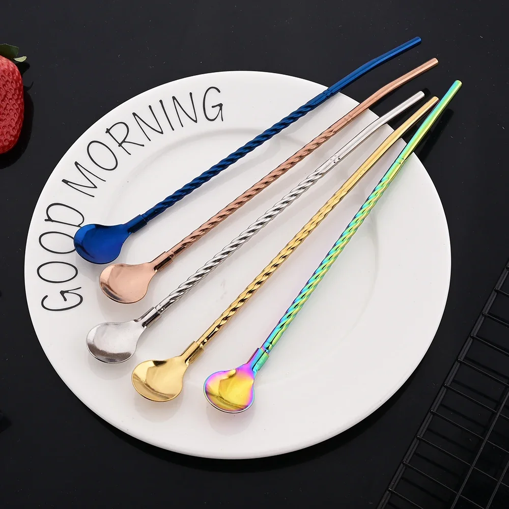 8Pcs Stainless Steel Long Metal Drinking Straw Spoon with 2Pcs Cleaning Brush Tea Coffee Bar Kitchen Party Drink Accessories
