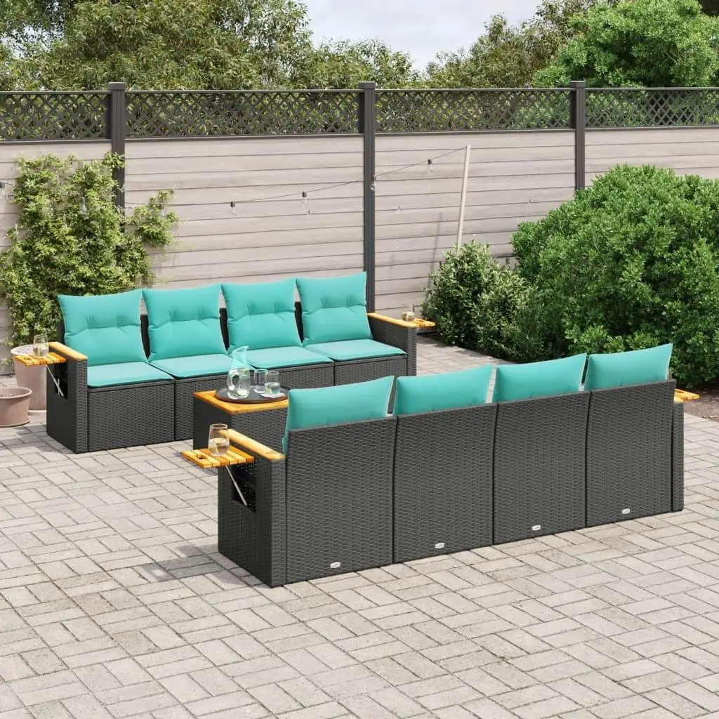 

9 Piece Outdoor Patio Sofa Set with Soft Cushions Weather Resistant Black Rattan Furniture
