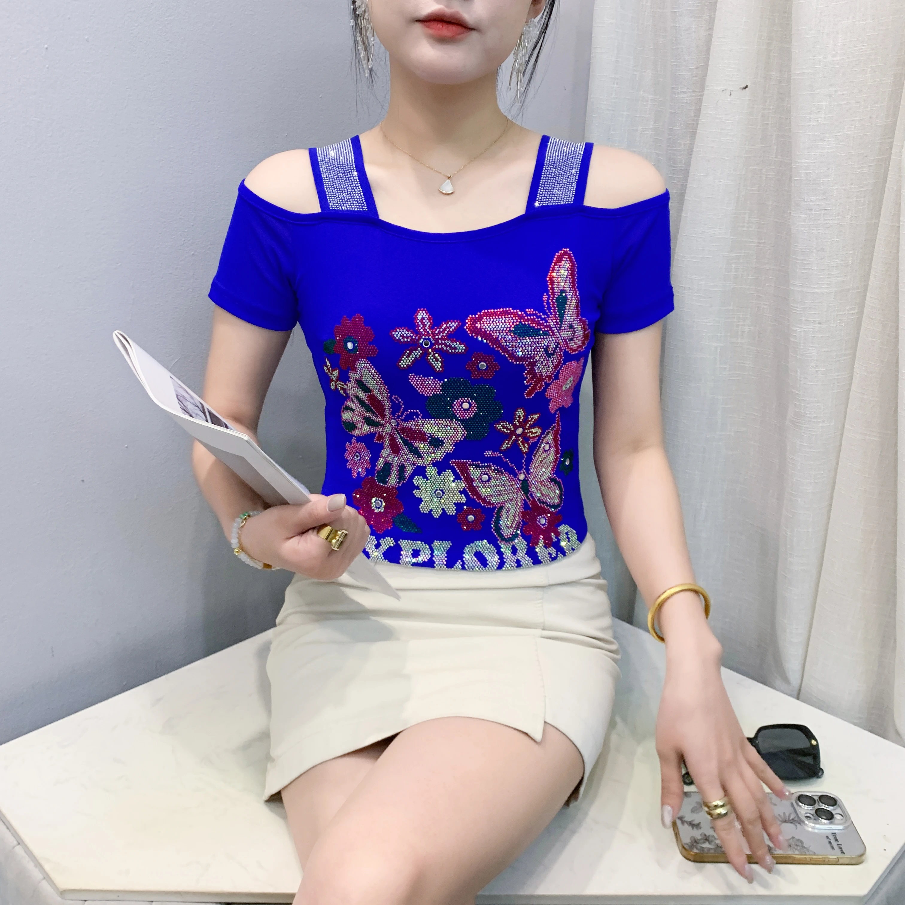 M-3XL Summer Korean Women's Clothes High Quality T-Shirts Luxury Hot Diamonds Design Slim Tees Sexy Girls Streetwear Tops