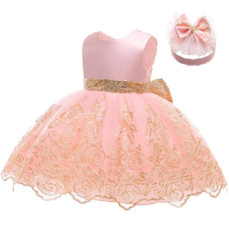 2Pcs Lace Flower Elegant Baby Dress Headband Clothing Set Luxury Infant Ball Gown 1 2 Year Old Birthday Party Christening Dress