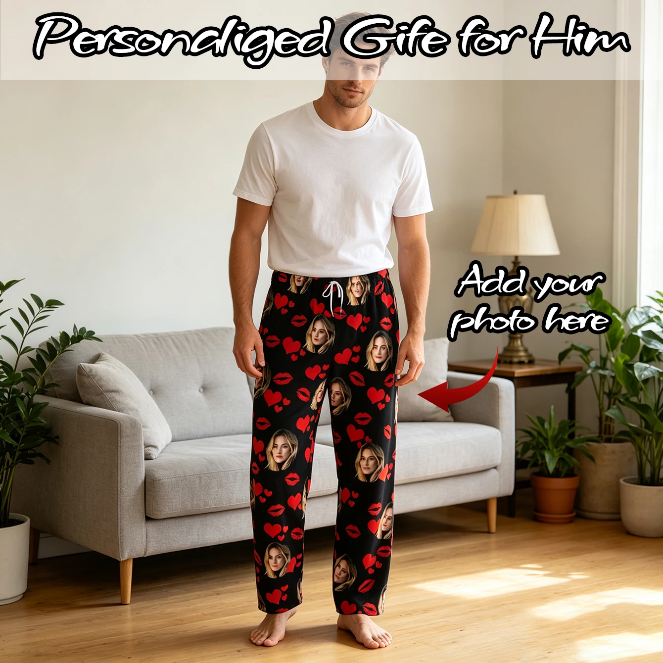 Customized sleeping pants with personalized facial photos long sleeved warm sleeping pants for both men and women  fun Christmas