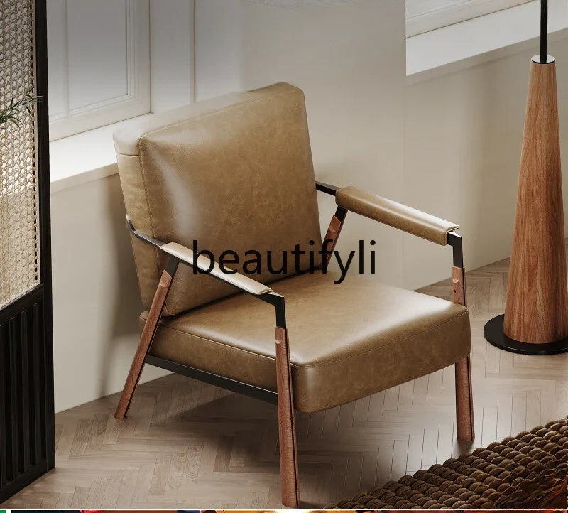 

Средневековый кожаный диван-кресло, одиночное масляное восковое кожаное ленивое кресло для гостиной, балкона, кресло для отдыха из цельного дерева