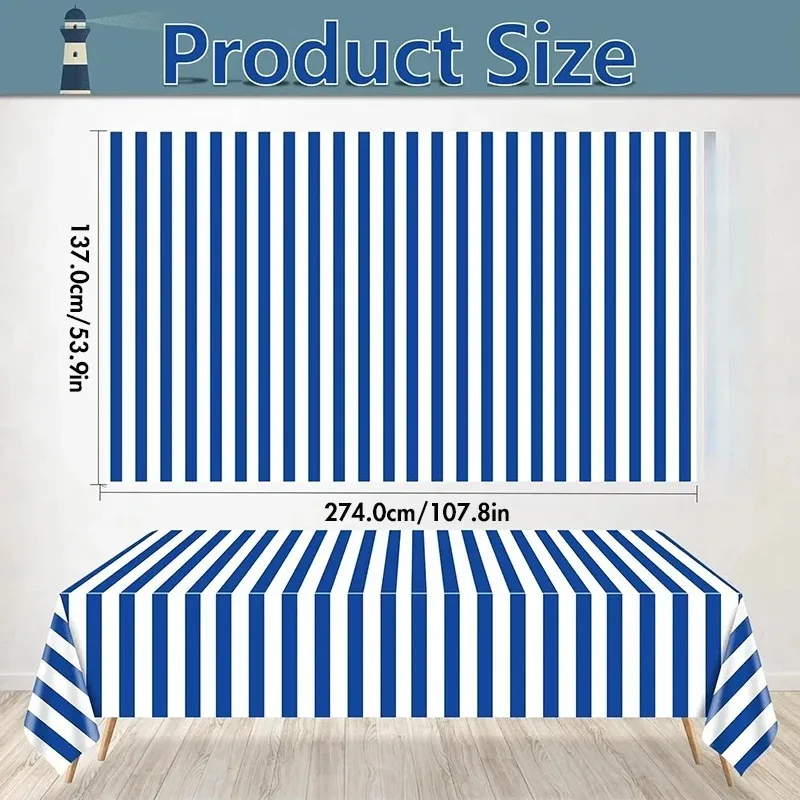 1/2pcs 137x274cm Blue White Striped Plastic Tablecloth, Rectangle Table Cover for Beach Party Kitchen Dining Decor