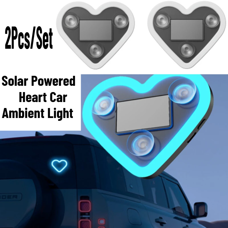 2Pcs Solar Powered Heart Car Ambient Light - LED Love Mood Lamp for Triangle Window, Car Interior Neon Atmosphere Lighting