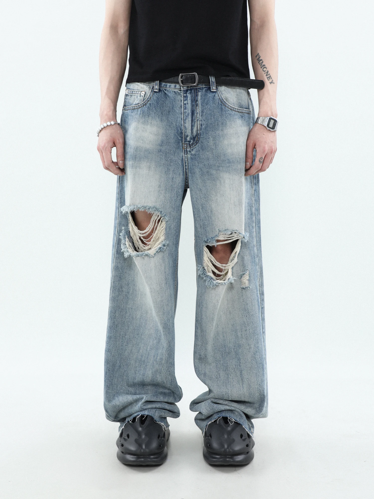 

American-Style High-Grade Ripped Jeans Men's Straight Pants Fashionable High Street Retro Summer Trousers