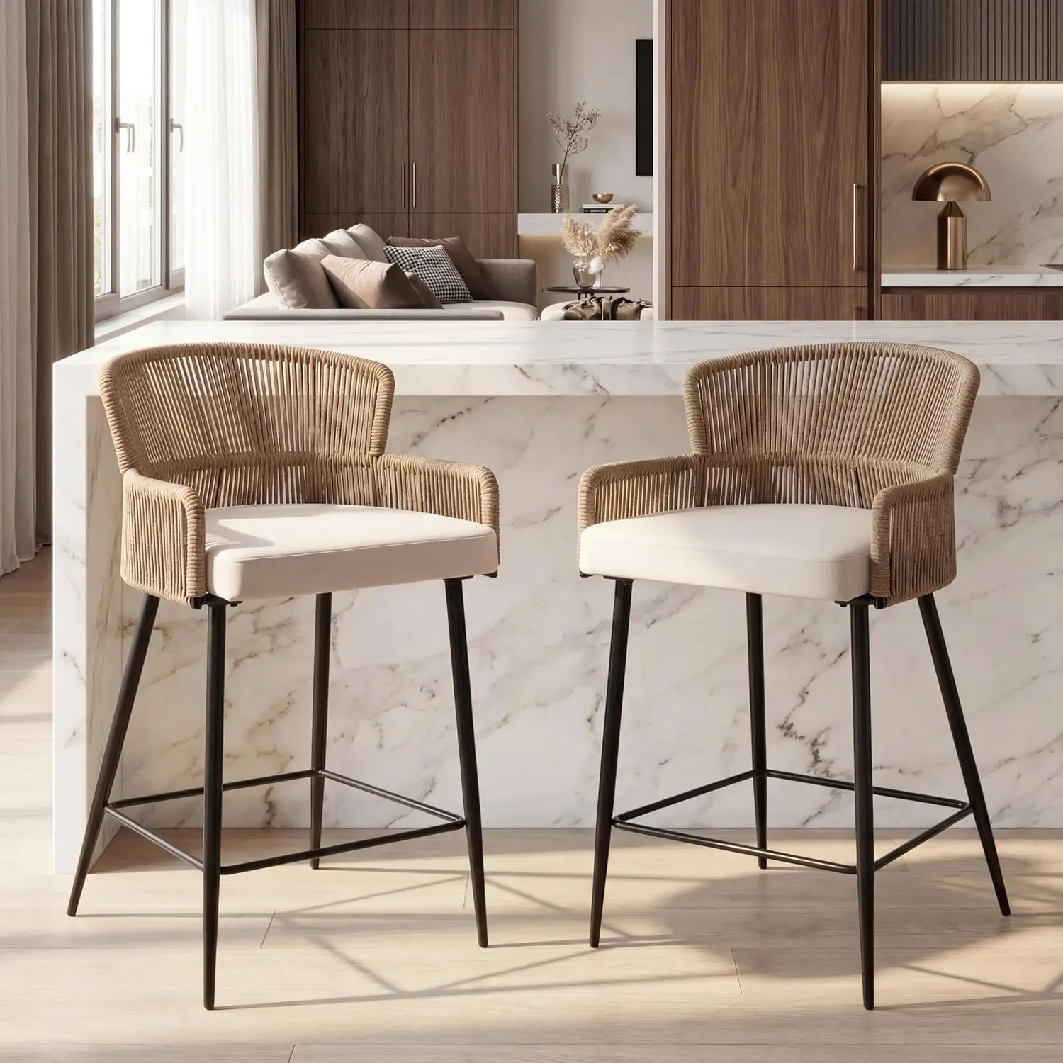 Woven Counter Stools Set of 2 Beige Linen 26 Inch Farmhouse Barstools with Wicker Back Upholstered CCustomized