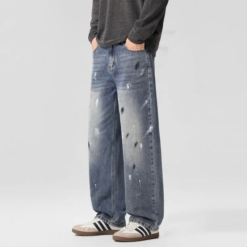 OIQERE 2026 Autumn New Mens American Trend Splash Print Loose Straight Leg Casual All Match Denim Pants