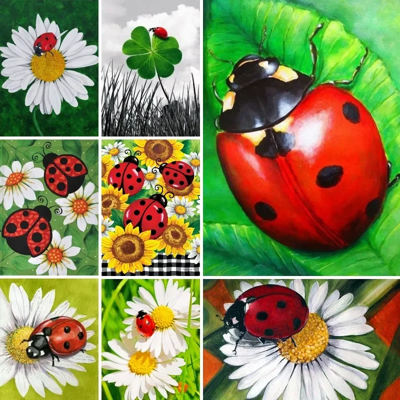 5D DIY Diamond Painting Ladybug And White Daisies Flower Kit Full Drill Embroidery Mosaic Art Picture Rhinestones Decor Gift