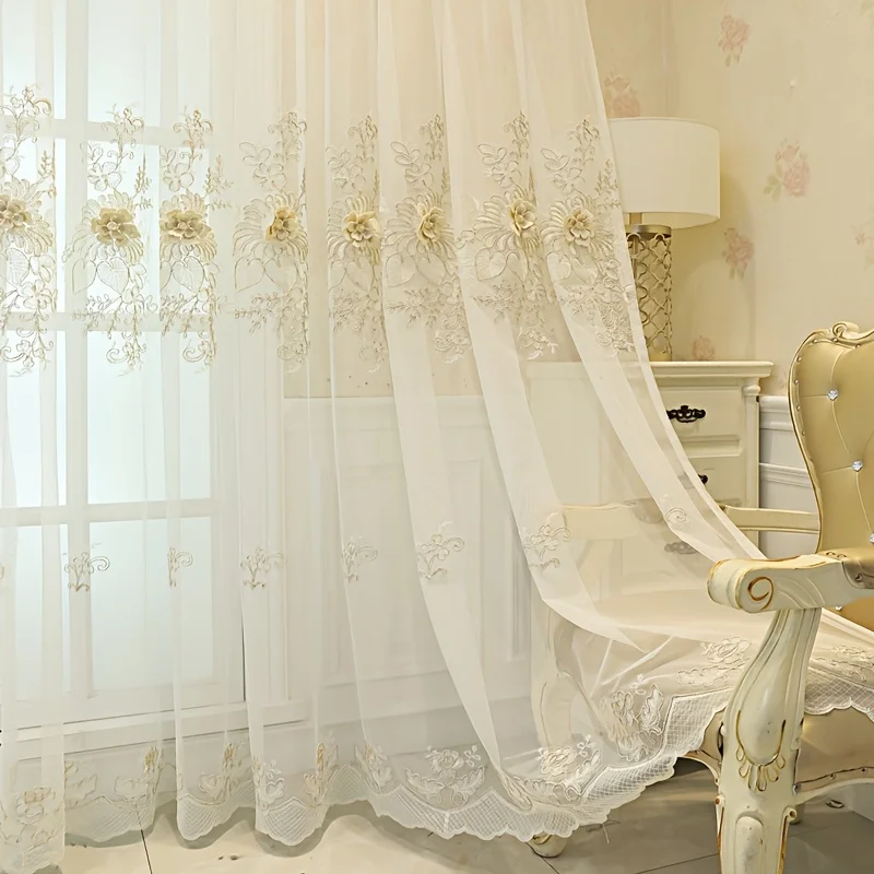1Pc European Embroidered Lace Flower Transparent Curtains for Living Room Bedroom Light Filtering Window Treatments