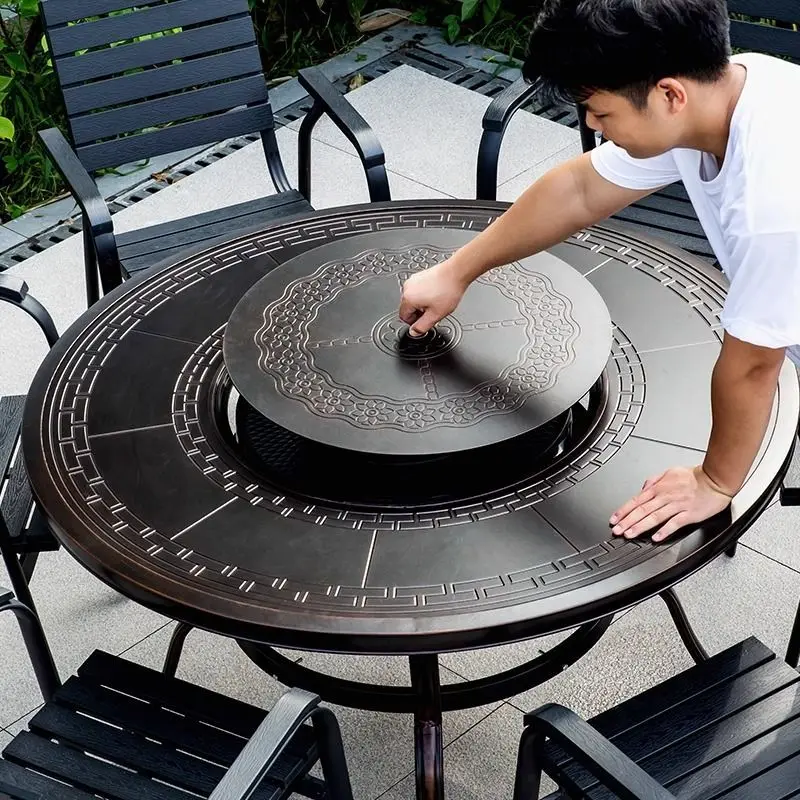Outdoor barbecue table and chair combination Electric grilled charcoal grilled hot pot Cast aluminum wrought iron Garden