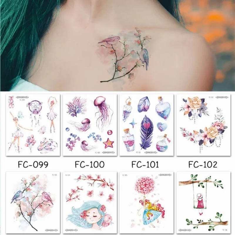 

16 Kinds Fashion Elements Temporary Tattoo Stickers Body Art Butterfly Bird Unicorn Disposable tatouage temporaire