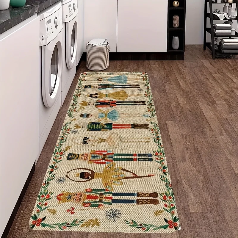VIKAMA Festive Polyester Nutcracker-Themed Mat Machine Washable Flannel Carpet Kitchen Rug Welcome Floor Mat Home Decor Laundry
