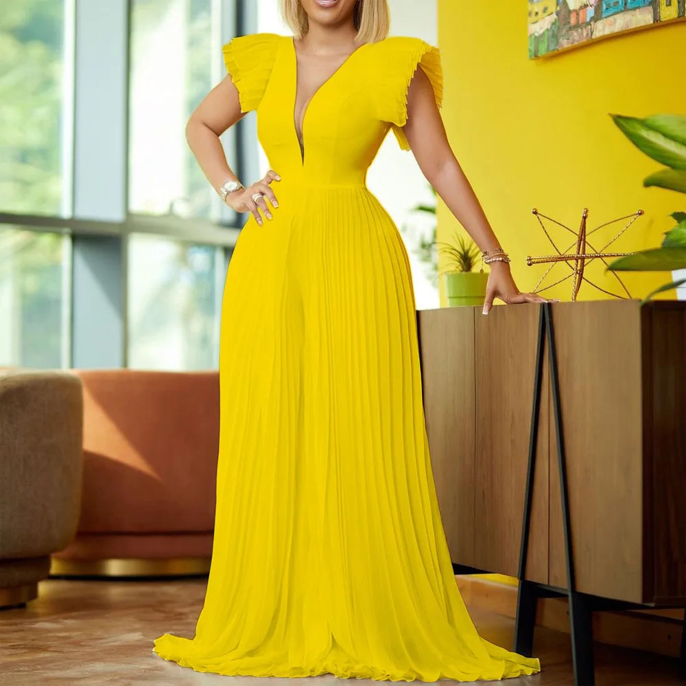 

Elegant Pleated Jumpsuits & Rompers for Woman V Neck Ruffles Sleeve Floor Length Luxury Female Birthday Party Overalls Outfits