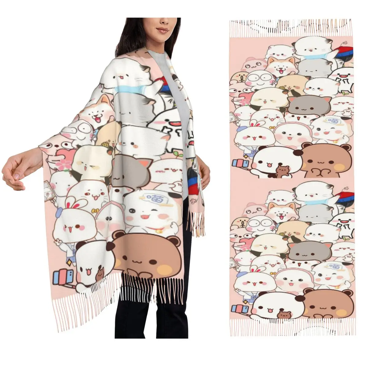 Bubu Dudu Panda Bears dibujos animados cereza corazón bufanda borla bufandas mujeres suaves y cálidos chales y chales grande Otoño Invierno chal