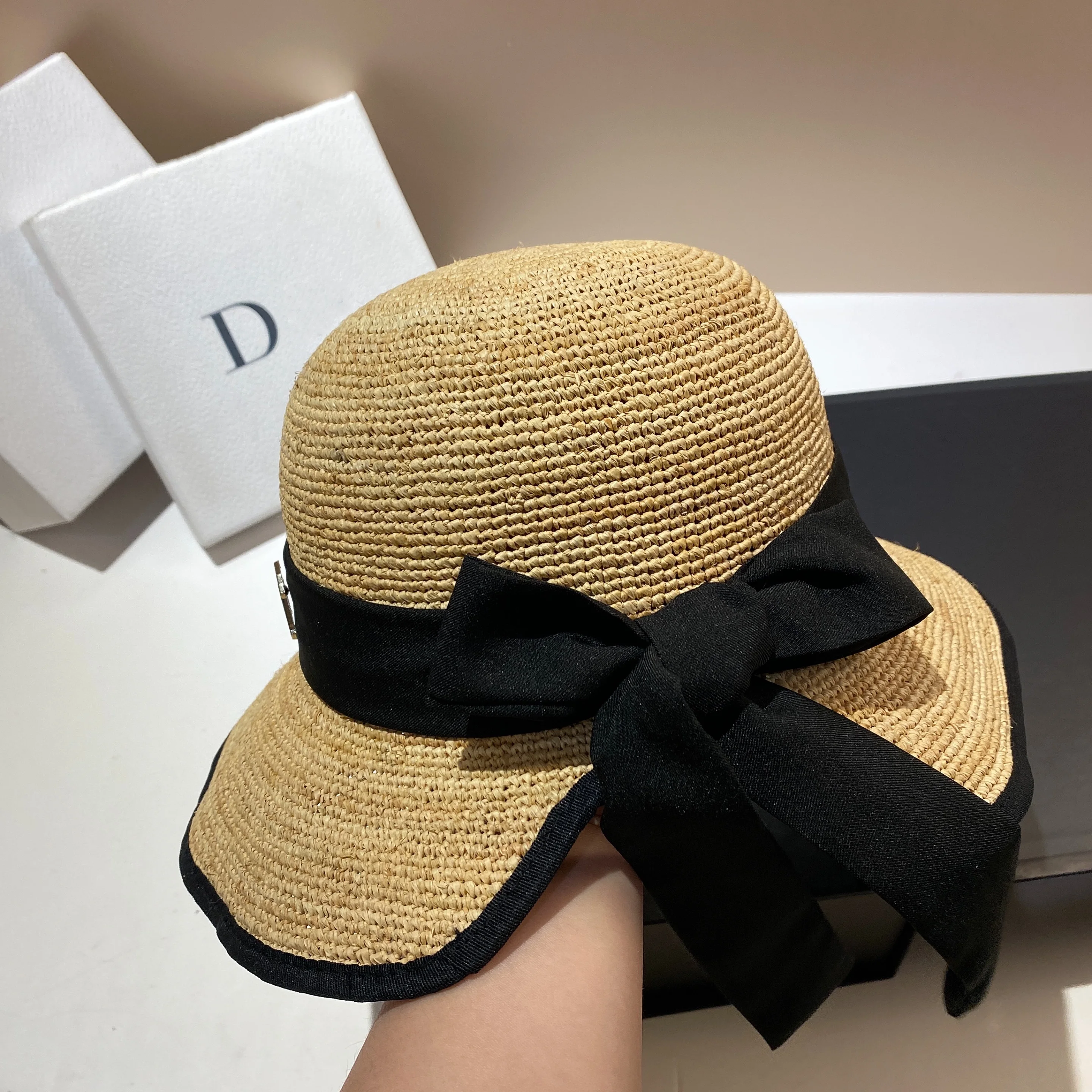 【Lafite】North Korea imported natural grass sun hat women\'s summer French Hepburn style bow streamer sun protection hat