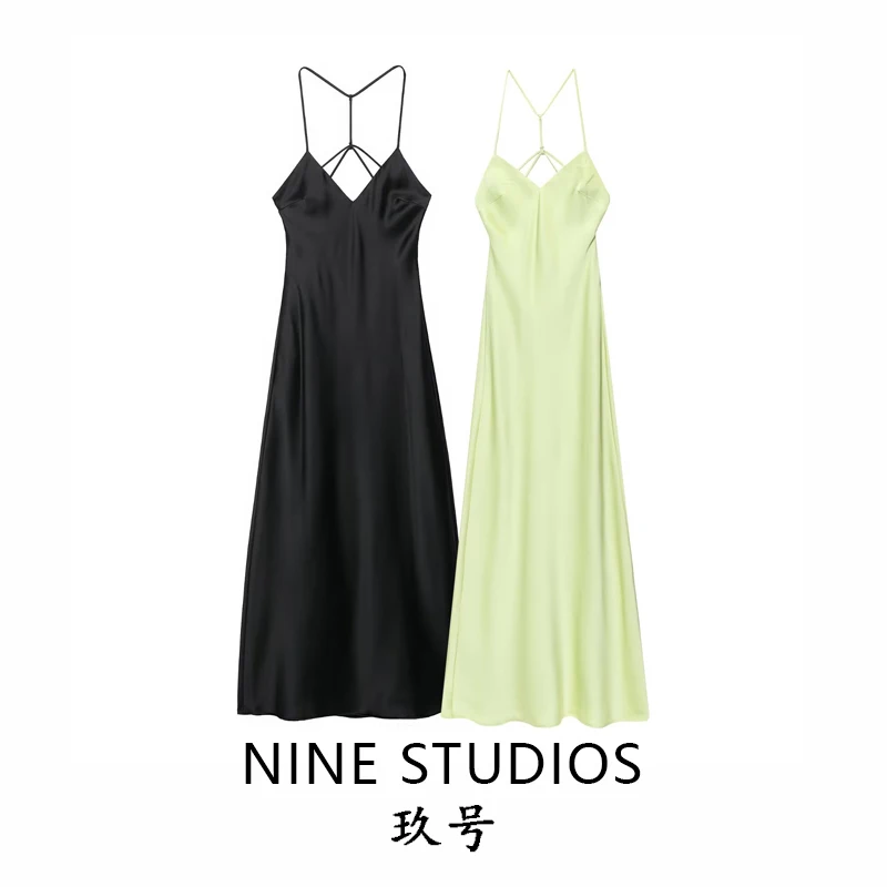 Ele soie Satin croix sangle Midi Neline Dr femmes été décontracté Svel v-ne robe l taille Polyester