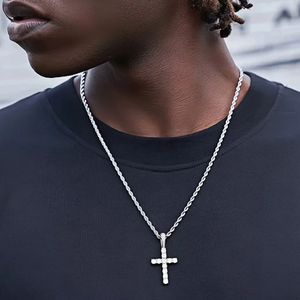 Hip Hop Männer Silber Farbe Edelstahl Twist Kette Halskette Retro Zirkon Kristall Kreuz Anhänger Schmuck Punk Party Halskette
