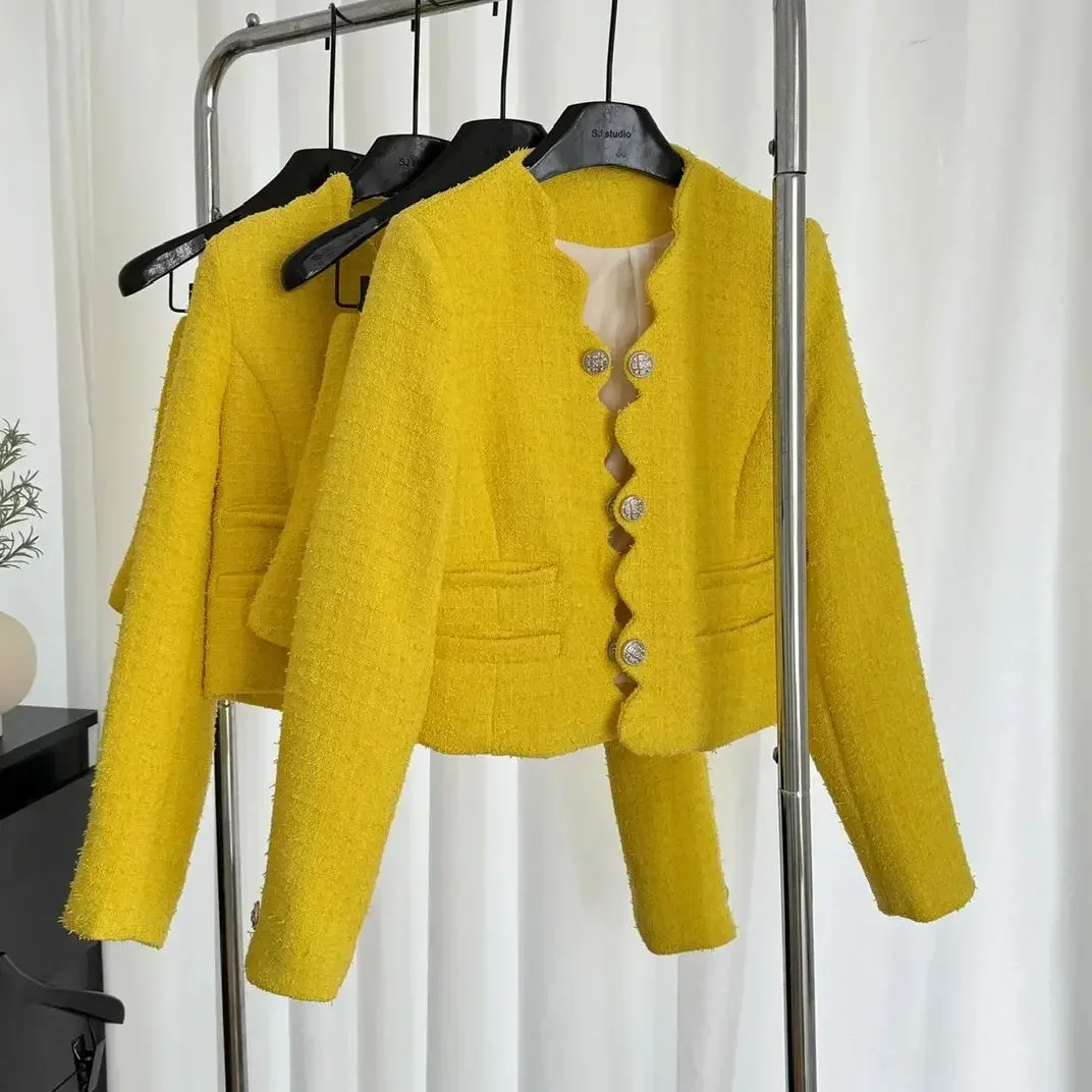 New High End Fashion Yellow Tweed Women's Jacket Wave Design Long Sleeve Double-breasted Elegant Office Lady Woolen Coat Outwear