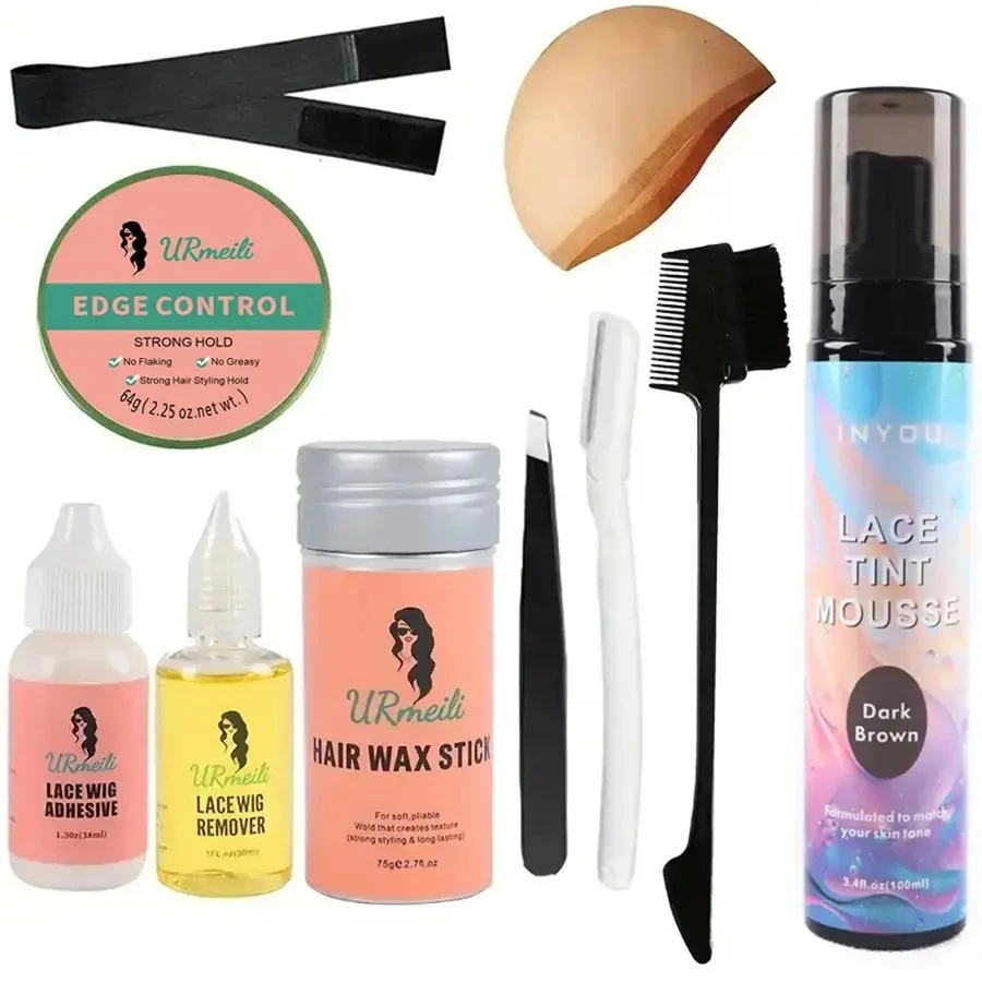 

Wig Glue Set with Remover Solution Hair Wax Stick Edge Control Gel Lace Coloring Spray Net And Other Practical Tools