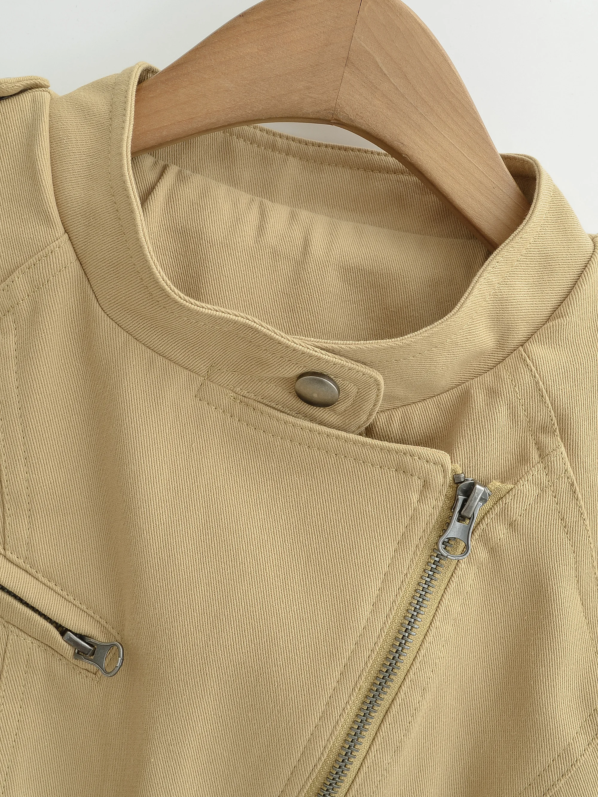 American Style Retro Workwear Jacket Zipper Long Sleeve Motorcycle Jacket Slimming Casual Top Trendy Stand Collar Regular Fit