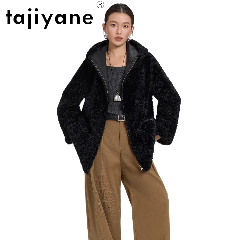 

TAJIYANE Real Lacon Wool Sheepskin Fur Double-faced Fur Coat Woman Chic Reversible Hooded Jacket Winter Women Clothes 2025 шуба