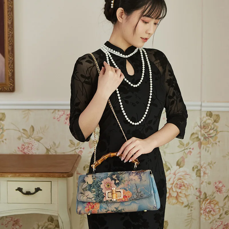 Johnature Cheongsam Leather Handbag 2024 New Vintage Print Women Bag Handmade Elegan Ladies Shoulder & Crossbody Bags