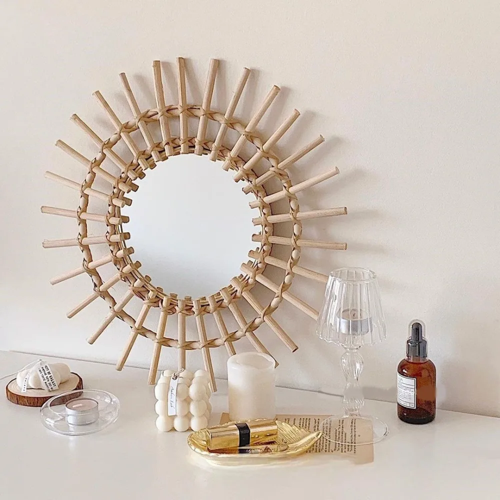 

Nordic handmade woven decorative mirror wooden frame bathroom