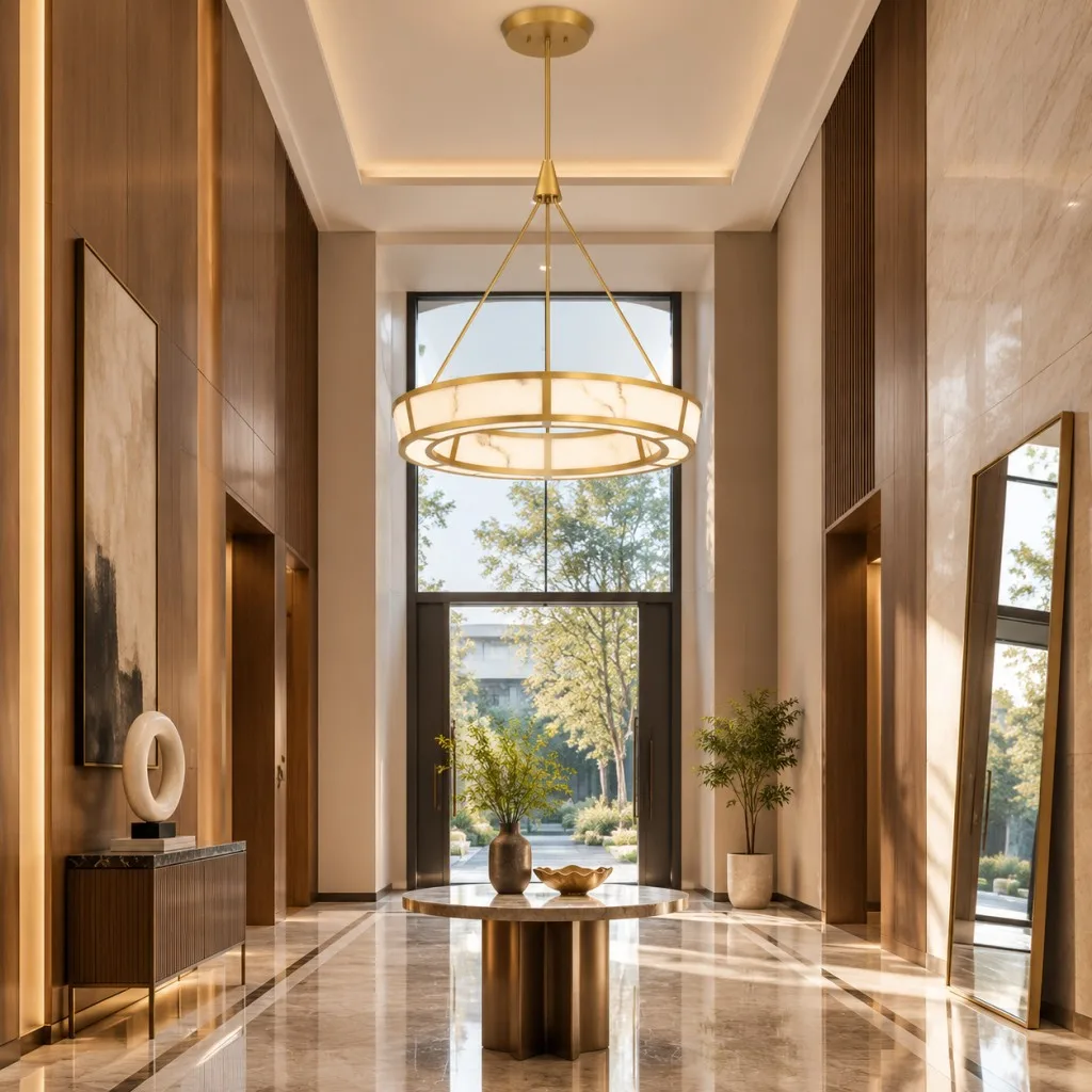 Postmodern 2026 Natural Alabaster Stone Pendant Light Brushed Brass Ring Chandelier Fixture for Living Room Dining Island