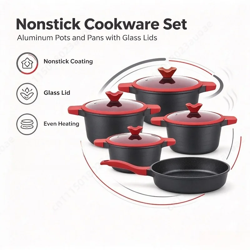 10Pcs Aluminum Cookware Set Non Stick Soup Pot Kitchen Kit Granite Coating Household Cooking Pots Combination