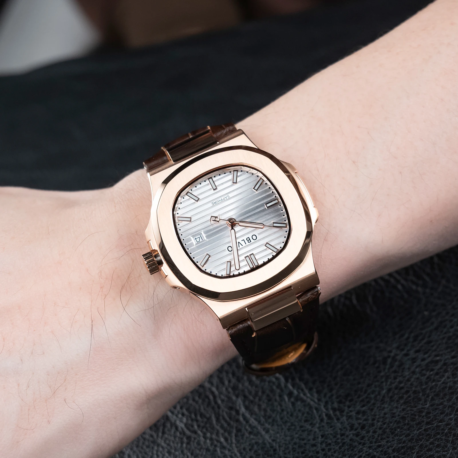 OBLVLO Men's Rose Gold Watch Square White Dial Automatic Date Luminous Waterproof Leather Strap FM-YWL Designer Timepiece