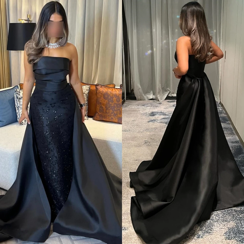

Customized Exquisite Satin Strapless Evening Dress Fashion Court Train Cocktail Dress Classic Beading Special Occasion Gowns