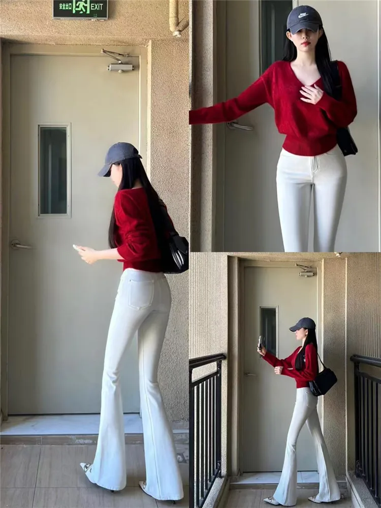 

Джинсы женские с высокой талией, удлиненные, микро-клеш, эластичные, утягивающие, весенний дизайн, однотонные