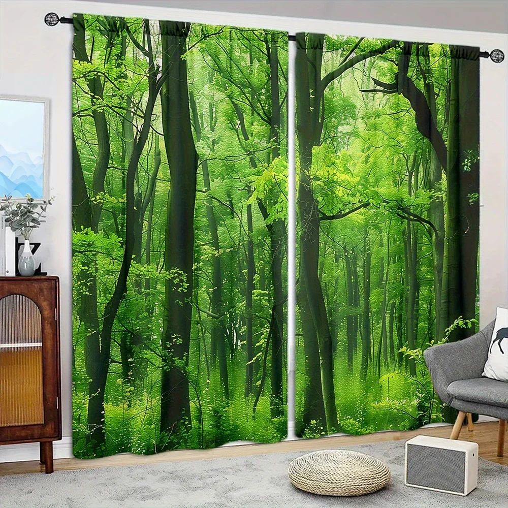 

2pcs Forest Printed Curtain for Home Decor - Rod Pocket Window Treatment for Bedroom, Office, Kitchen, Living Room, and Study