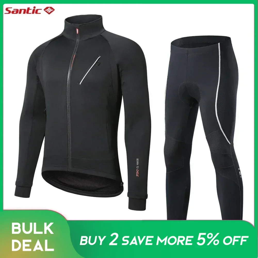 Santic Men's Long Sleeved Cycling Sets Winter Outdoor MTB Bike Riding Windproof Jersey Fleece Long-distance Bicycle Pants Suits