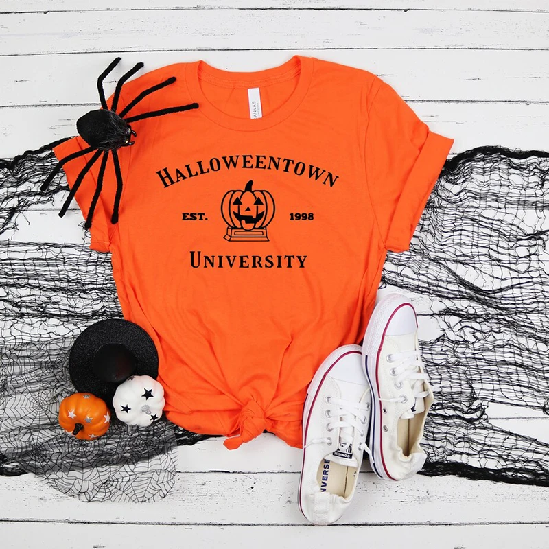 Halloweentown University Pumkin Graphic T Shirts Women Cotton Halloween Clothes Witch T-shirt Female Orange Colour Tshirt