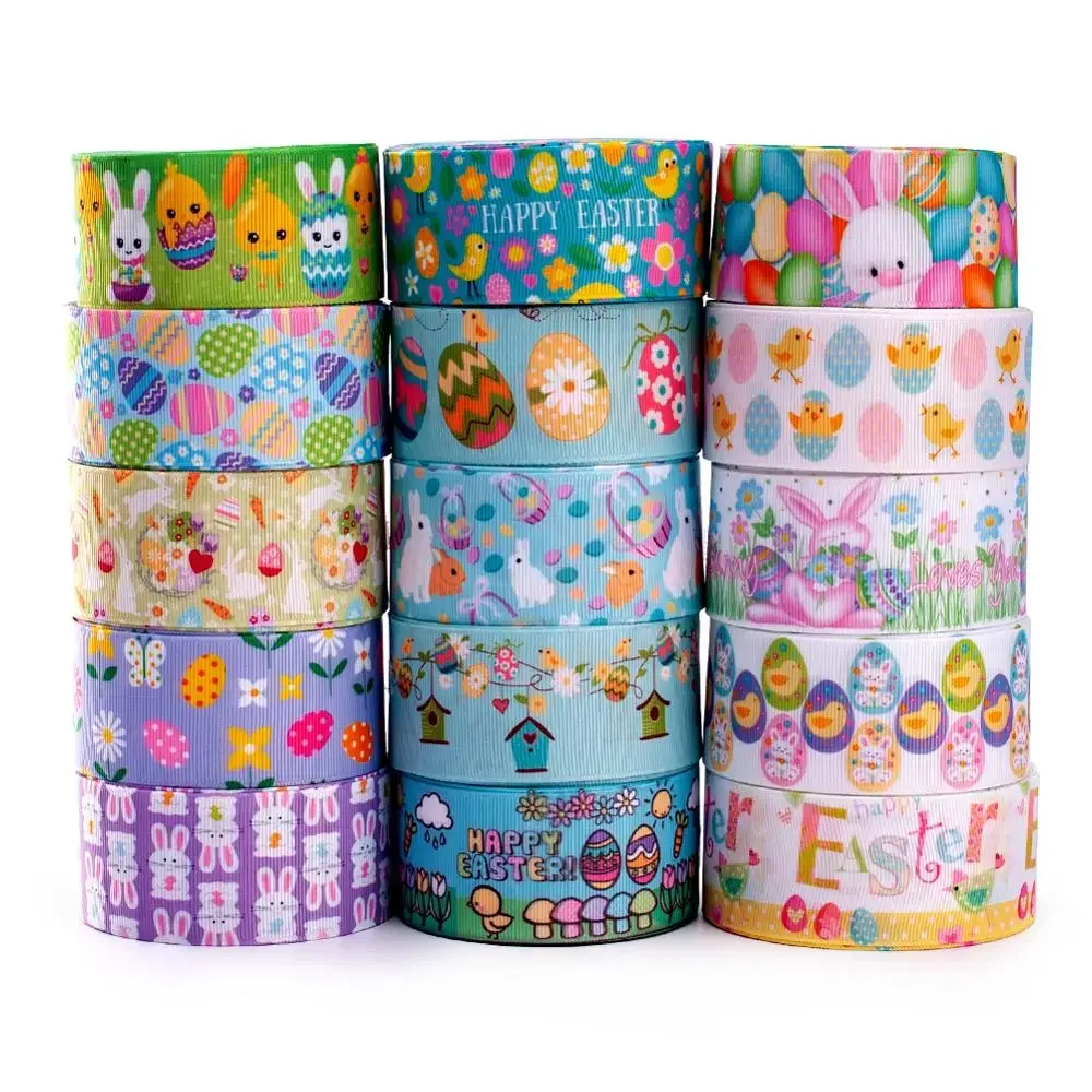 5yards 25mm/38mm/75mm Easter Cartoon Pattern Grosgrain Ribbon Thermal Transfer Print for DIY Accessory Headwear Material