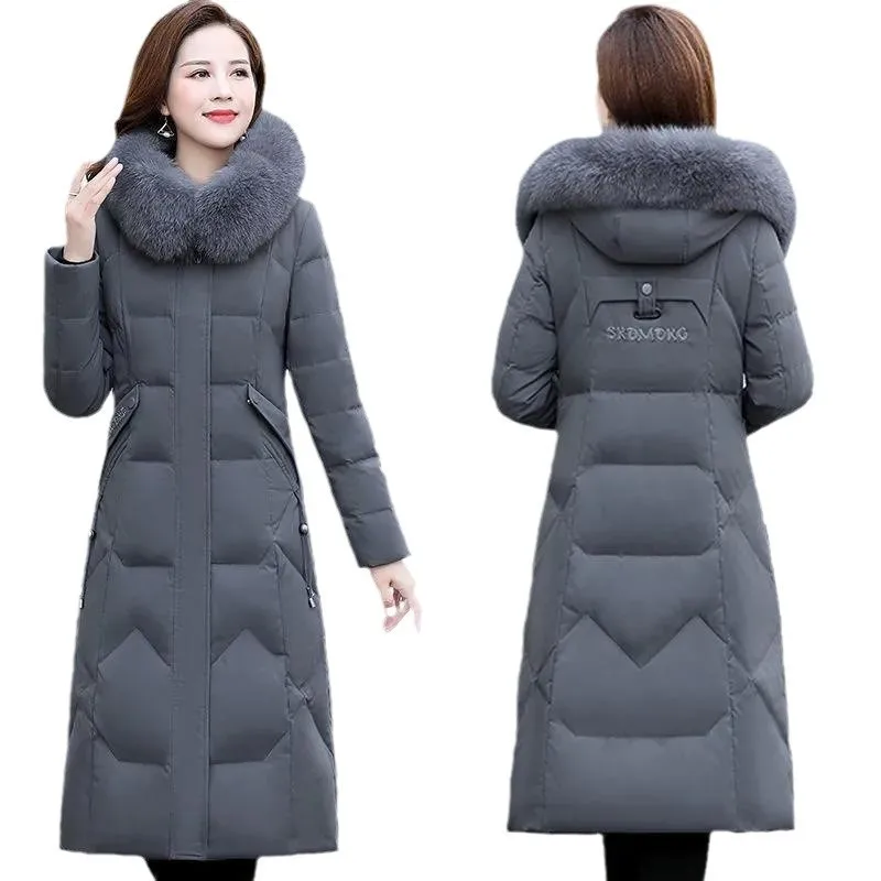 Nuevo abrigo largo de plumón de pato blanco para mujer hasta la rodilla grueso cálido ajustado cuello de piel grande chaqueta de plumón sólida abrigos para mujer JK-099