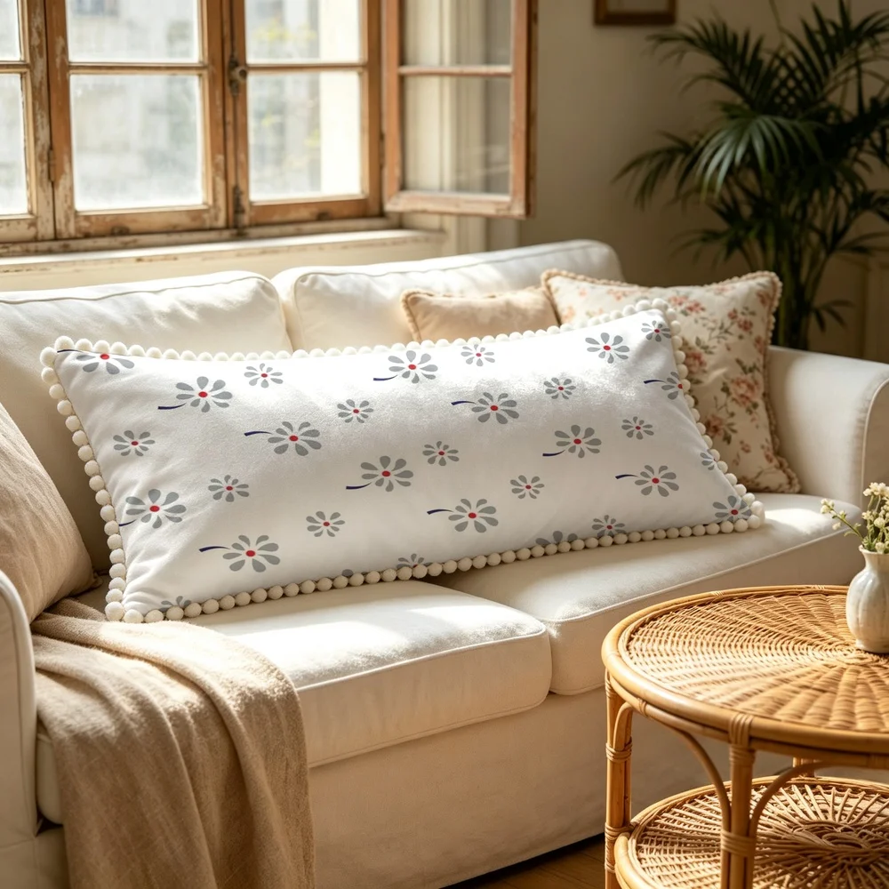 1PC White Background with Grey Small Daisies and Blue Leaves, Minimalist Modern Nordic Floral Long Pillow Cover with Pom Pom T