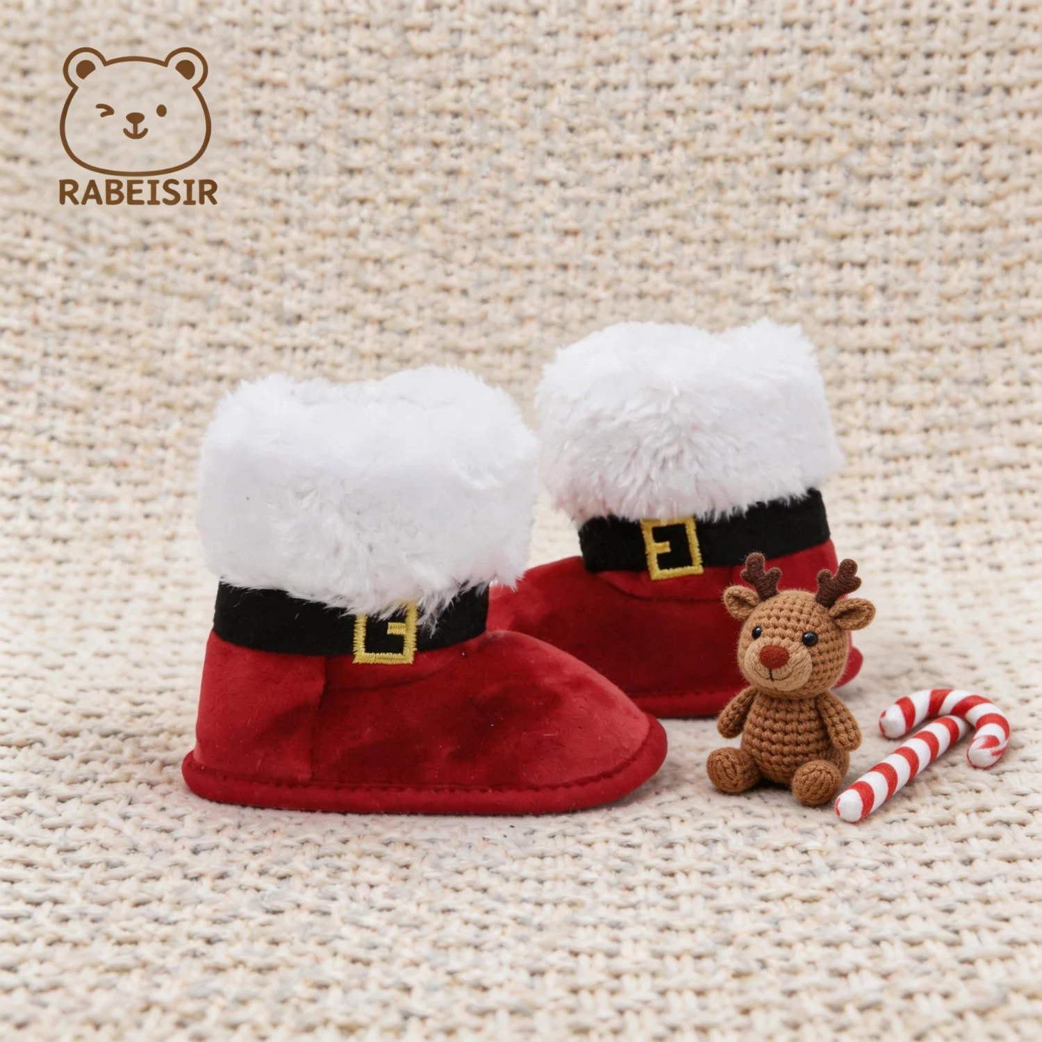 Christmas White Fur-Trimmed Baby Holiday Booties with Belt Buckle Decoration, 0-18 Months Party Soft-Soled Baby Walking Shoes