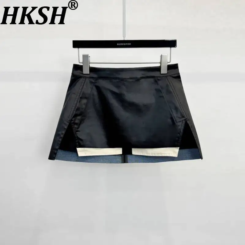 HKSH Women Skirt Dark Style Tide Casual Design Pockets Exposed Split Stylish Ins Versatile A-Line PU Leather Mini Skirts HK25863